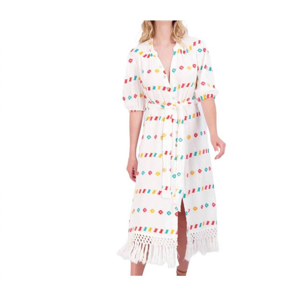 NEW MER ST. BARTH women's estelle fringed shirtdress in multi